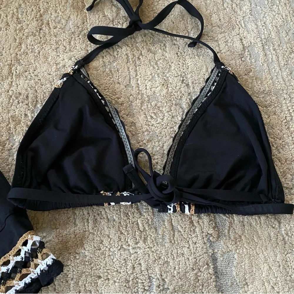 Becca Fiesta Bikini Set Matching 3 Piece Crochet Black Triangle Wireless Bra: L